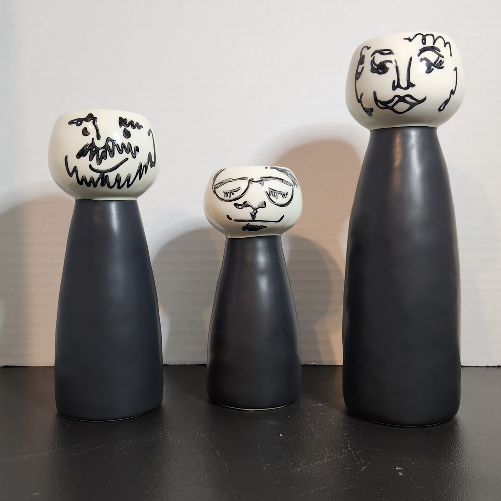 Ceramic Face Vase - Black and Cream Decorative Sculpture